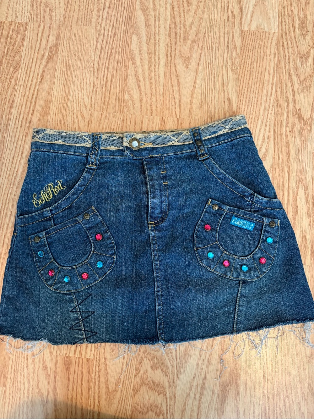 Echo Red Y2K Denim Mini Skirt with Lace, Rhinestone and Embroidered details